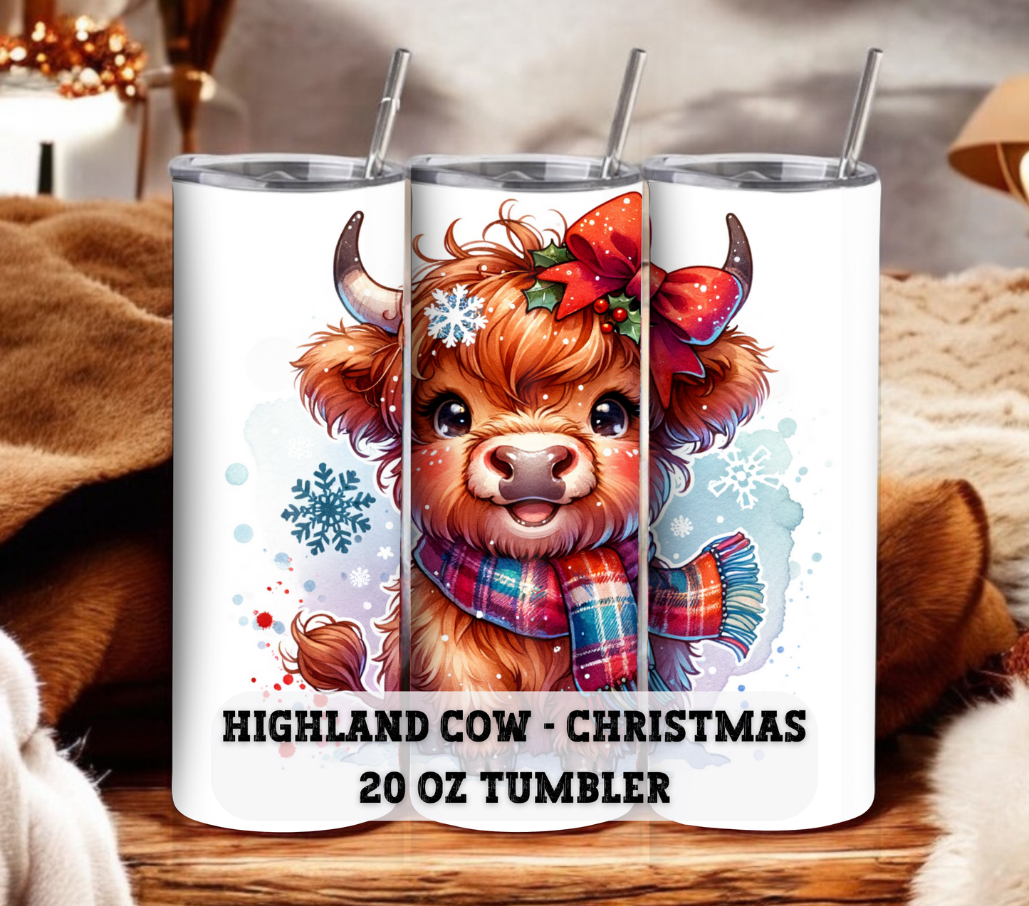 Highland Cow - Christmas 20 oz Skinny Tumbler with Straw - Stainless Steel, Eco-Friendly, Reusable Metal Straw - Lid Drink Drinkware Water Bottles