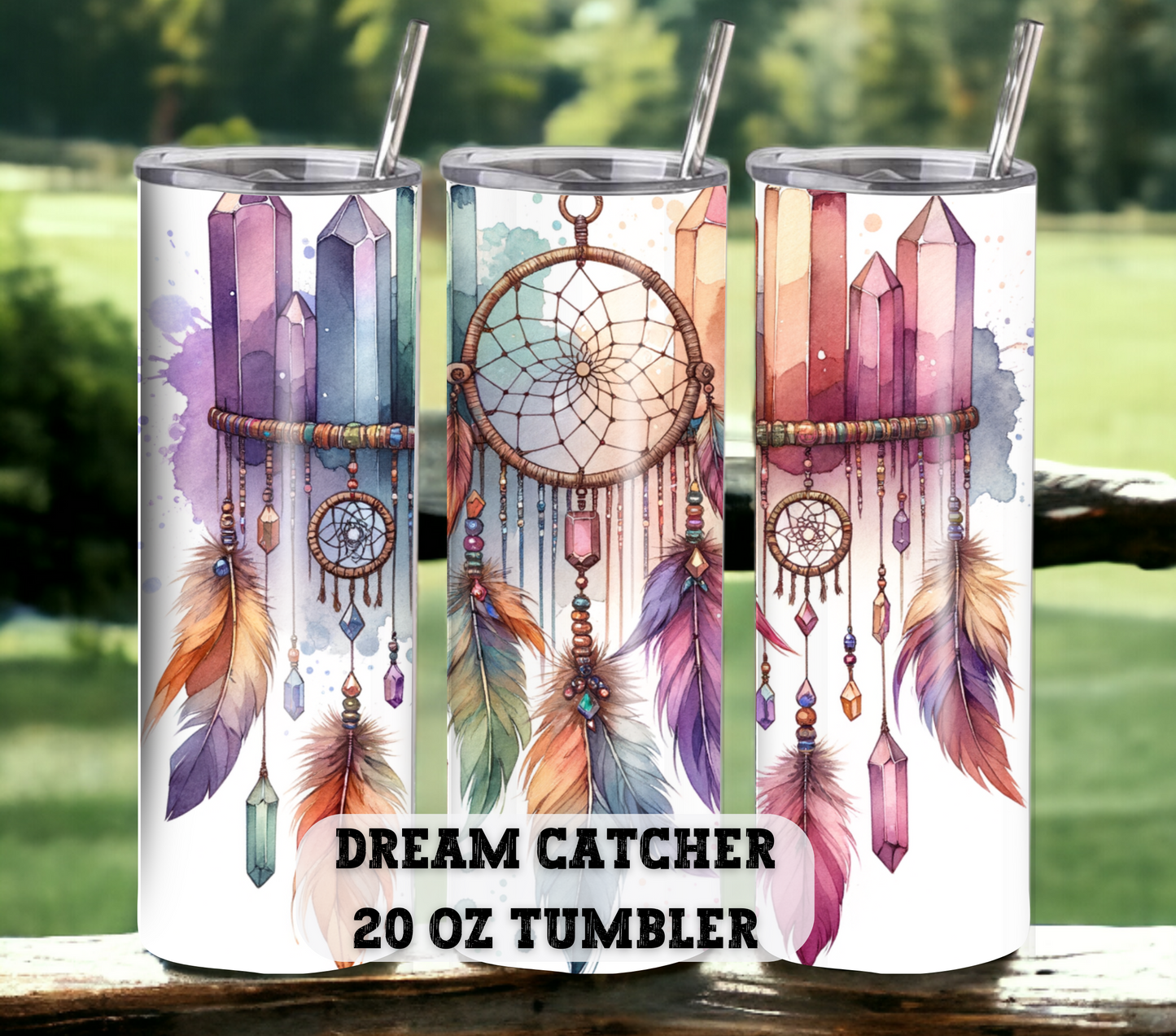 Dreamcatcher 20 oz Skinny Tumbler with Straw - Stainless Steel, Eco-Friendly, Reusable Metal Straw - Lid Drink Drinkware Water Bottles