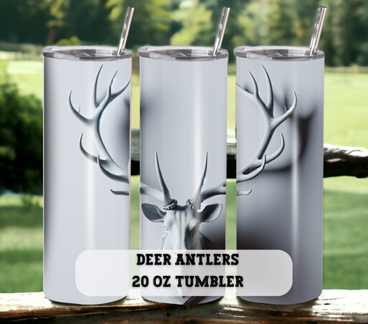 Deer Antlers 20 oz Skinny Tumbler with Straw - Stainless Steel, Eco-Friendly, Reusable Metal Straw - Lid Drink Drinkware Water Bottles