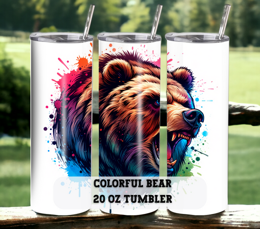 Colorful Bear 20 oz Skinny Tumbler with Straw - Stainless Steel, Eco-Friendly, Reusable Metal Straw - Lid Drink Drinkware Water Bottles