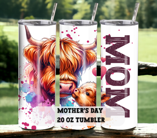 Mother's Day Tumbler - Highland Cow - 20 oz Skinny Tumbler with Straw - Stainless Steel, Eco-Friendly, Reusable Metal Straw - Lid Drink Drinkware Water Bottles