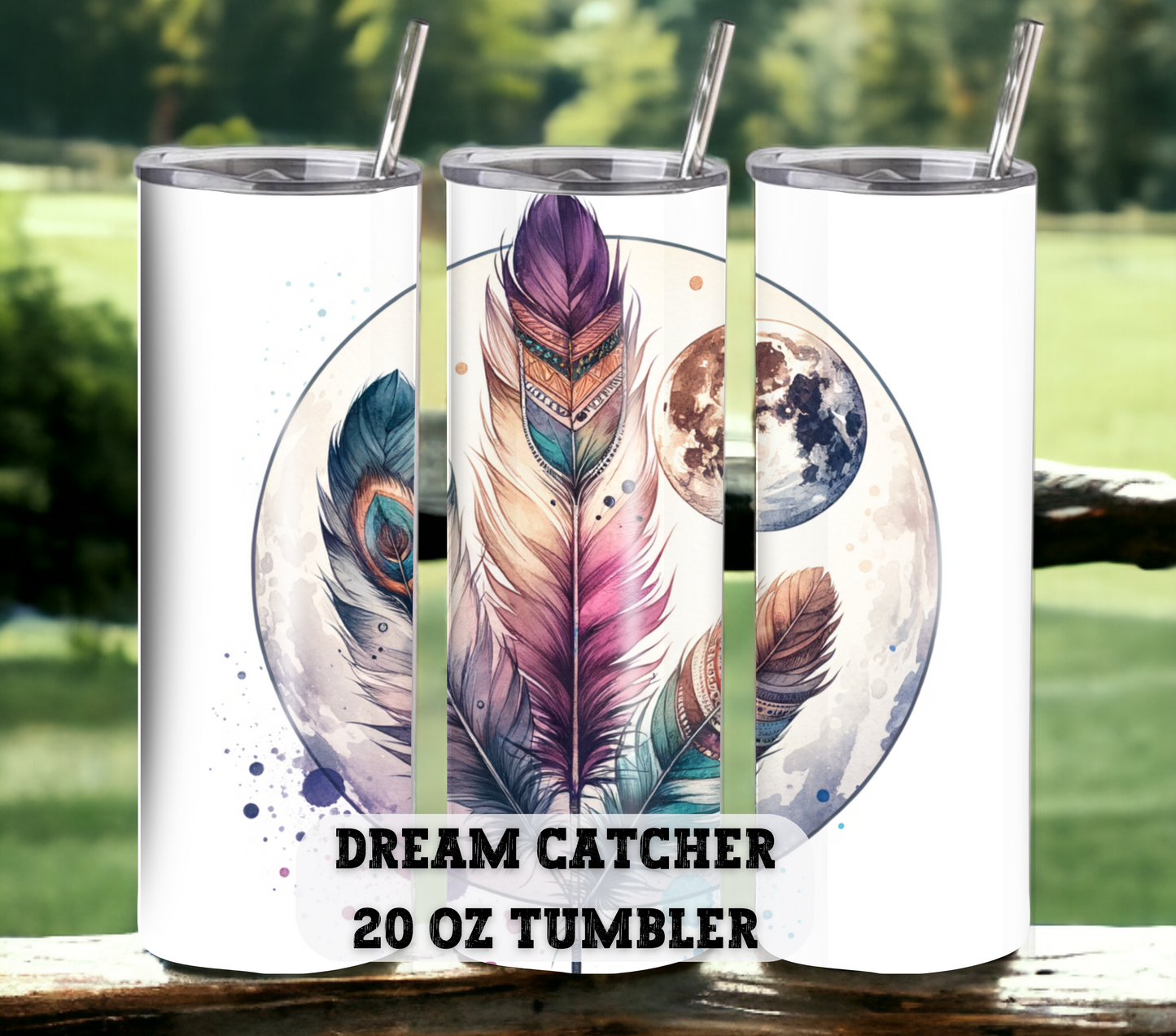 Dreamcatcher 20 oz Skinny Tumbler with Straw - Stainless Steel, Eco-Friendly, Reusable Metal Straw - Lid Drink Drinkware Water Bottles