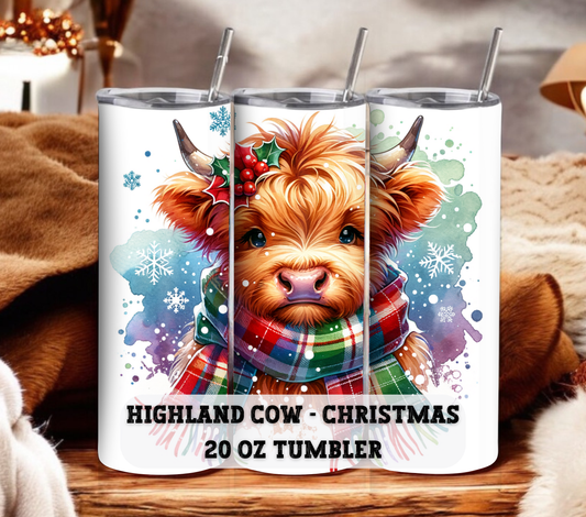 Highland Cow - Christmas 20 oz Skinny Tumbler with Straw - Stainless Steel, Eco-Friendly, Reusable Metal Straw - Lid Drink Drinkware Water Bottles