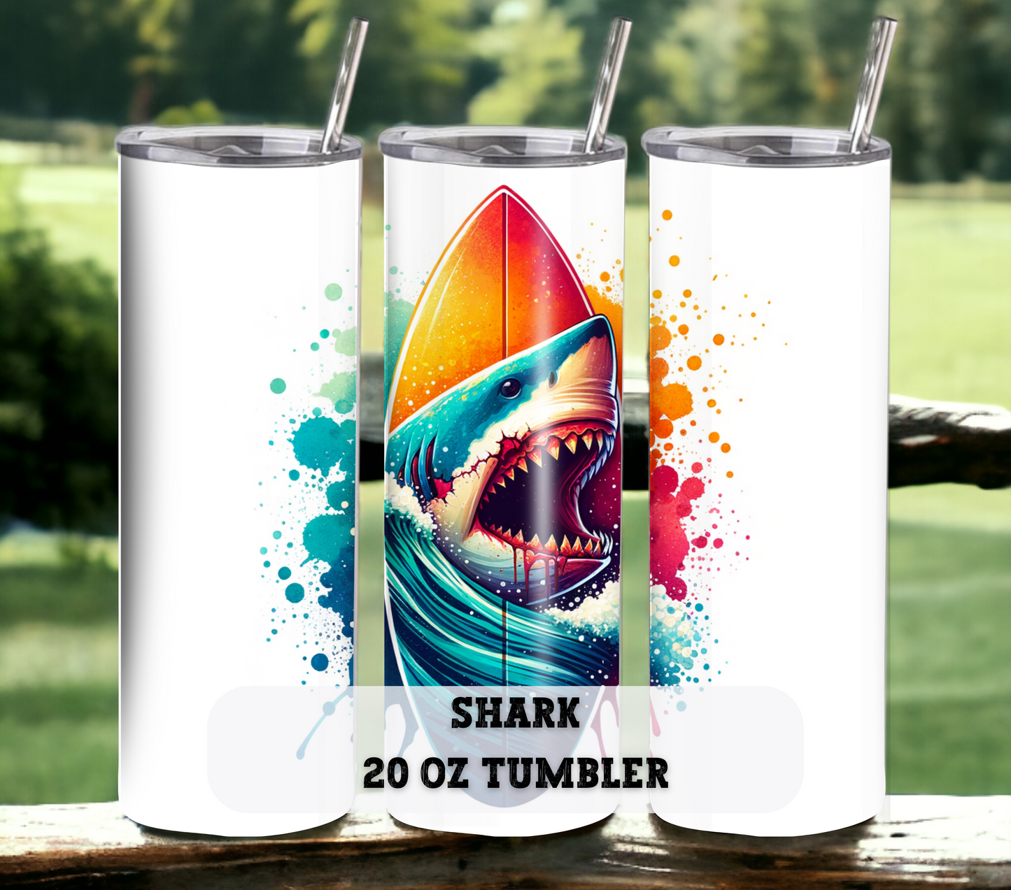 Shark Surfboard 20 oz Skinny Tumbler with Straw - Stainless Steel, Eco-Friendly, Reusable Metal Straw - Lid Drink Drinkware Water Bottles