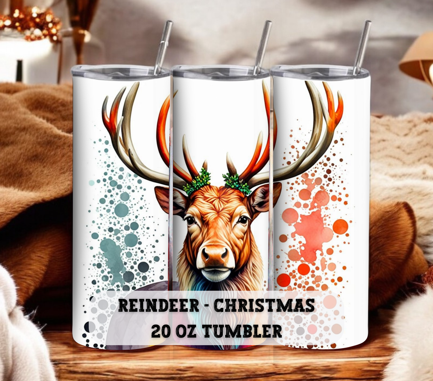 Reindeer - Christmas 20 oz Skinny Tumbler with Straw - Stainless Steel, Eco-Friendly, Reusable Metal Straw - Lid Drink Drinkware Water Bottles