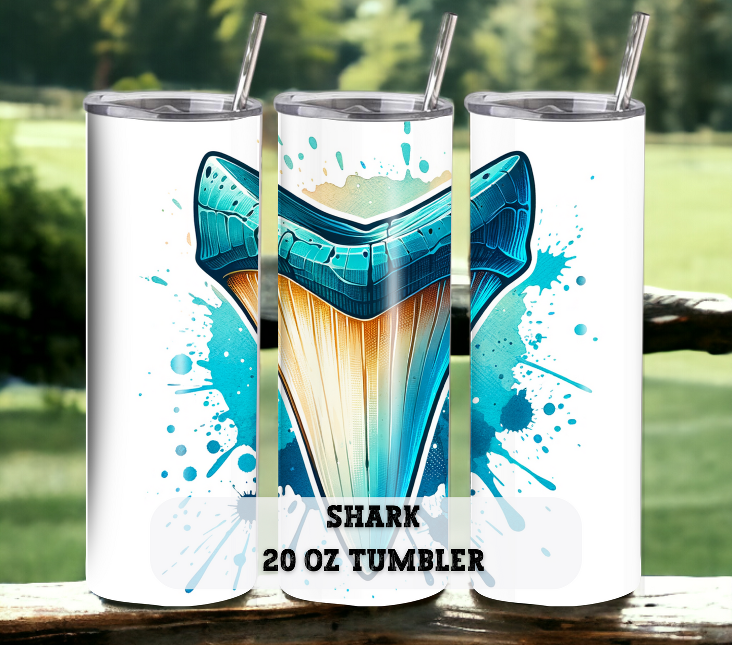 Shark Tooth 20 oz Skinny Tumbler with Straw - Stainless Steel, Eco-Friendly, Reusable Metal Straw - Lid Drink Drinkware Water Bottles