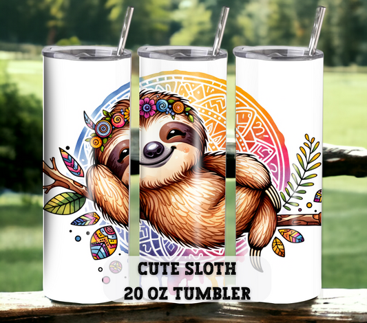 Sloth 20 oz Skinny Tumbler with Straw - Stainless Steel, Eco-Friendly, Reusable Metal Straw - Lid Drink Drinkware Water Bottles