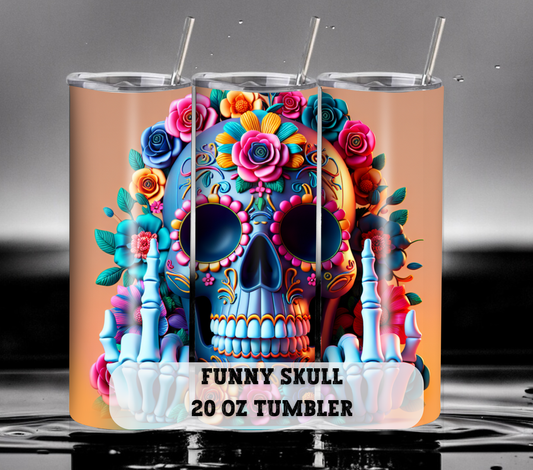 Funny Middle Finger Skull 20 oz Skinny Tumbler with Straw - Stainless Steel, Eco-Friendly, Reusable Metal Straw - Lid Drink Drinkware Water Bottles