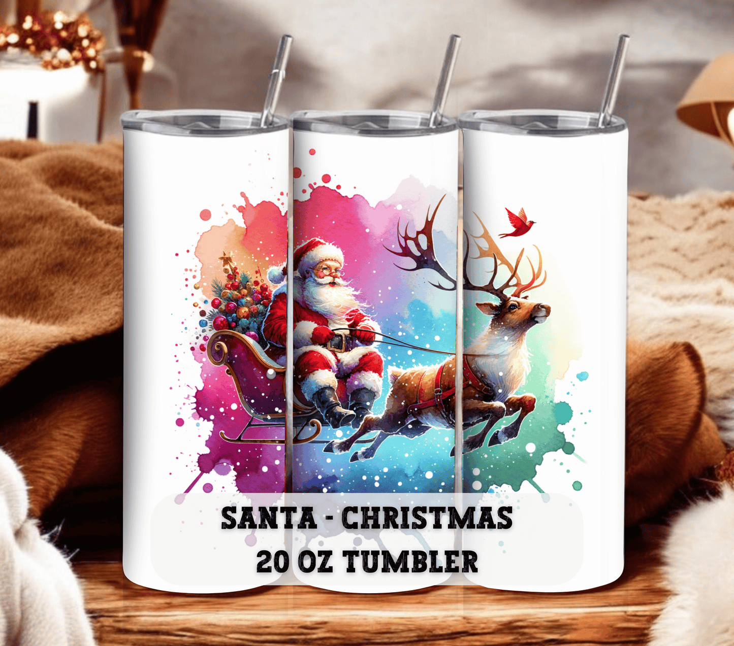 Santa with Sleigh - Christmas 20 oz Skinny Tumbler with Straw - Stainless Steel, Eco-Friendly, Reusable Metal Straw - Lid Drink Drinkware Water Bottles