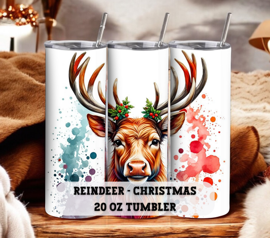 Reindeer - Christmas 20 oz Skinny Tumbler with Straw - Stainless Steel, Eco-Friendly, Reusable Metal Straw - Lid Drink Drinkware Water Bottles