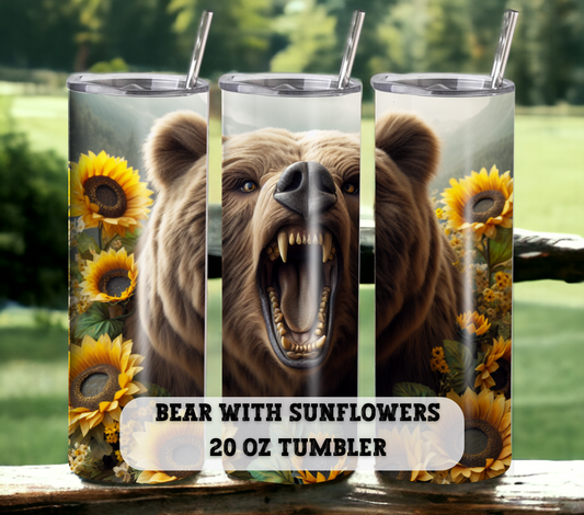 Bear with Sunflowers 20 oz Skinny Tumbler with Straw - Stainless Steel, Eco-Friendly, Reusable Metal Straw - Lid Drink Drinkware Water Bottles