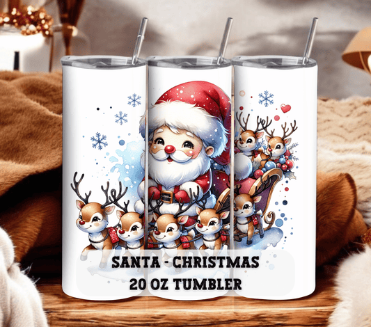 Santa with Sleigh - Christmas 20 oz Skinny Tumbler with Straw - Stainless Steel, Eco-Friendly, Reusable Metal Straw - Lid Drink Drinkware Water Bottles