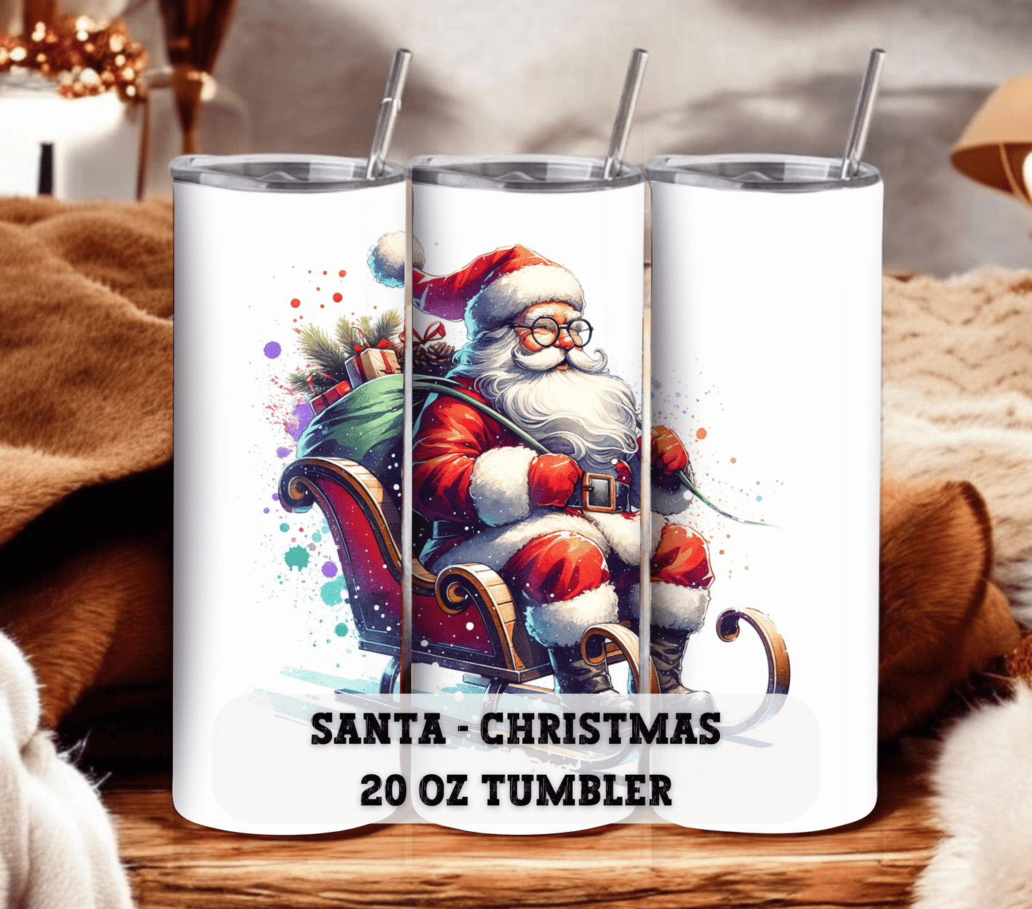 Santa with Sleigh - Christmas 20 oz Skinny Tumbler with Straw - Stainless Steel, Eco-Friendly, Reusable Metal Straw - Lid Drink Drinkware Water Bottles