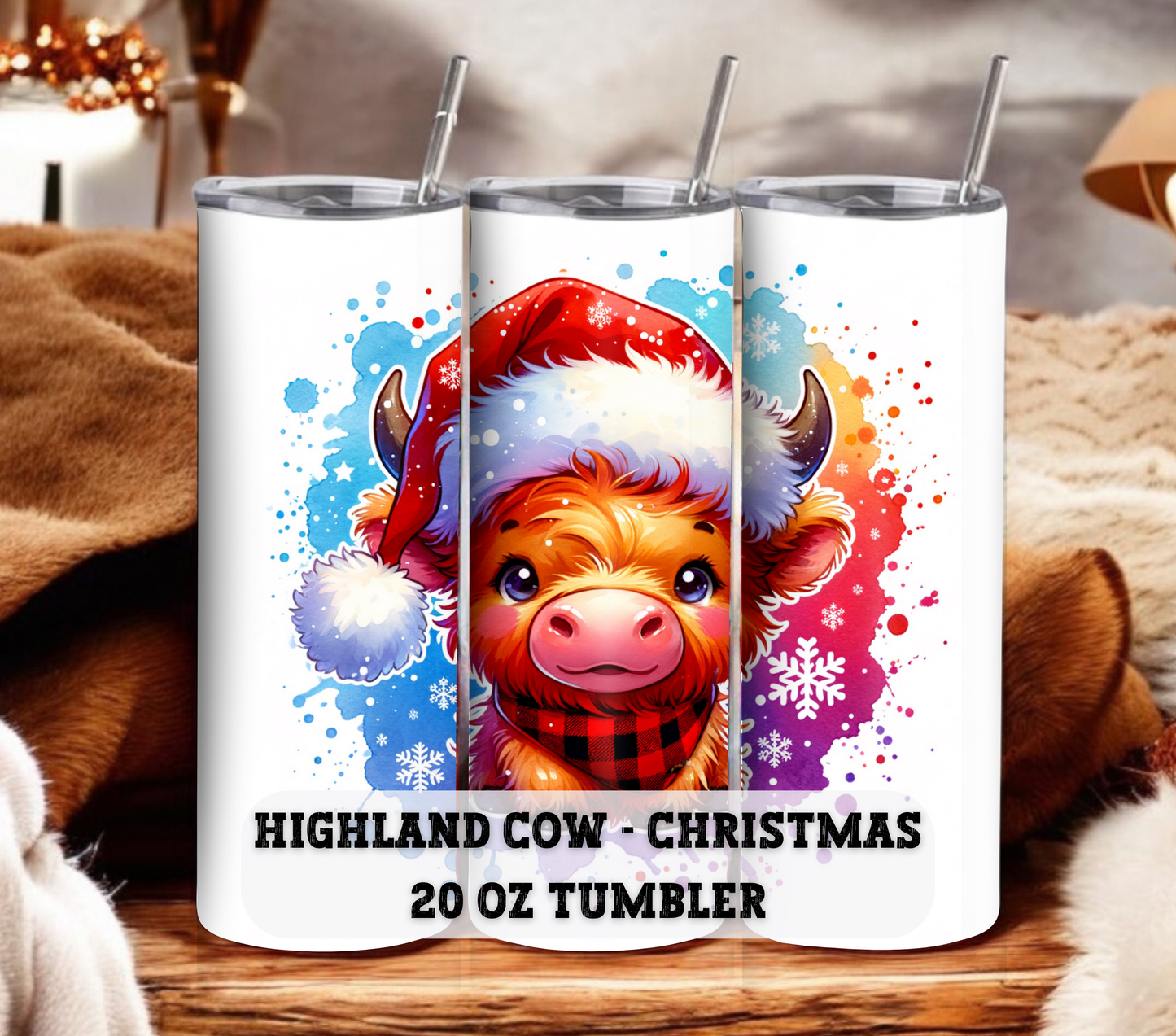 Highland Cow - Christmas 20 oz Skinny Tumbler with Straw - Stainless Steel, Eco-Friendly, Reusable Metal Straw - Lid Drink Drinkware Water Bottles