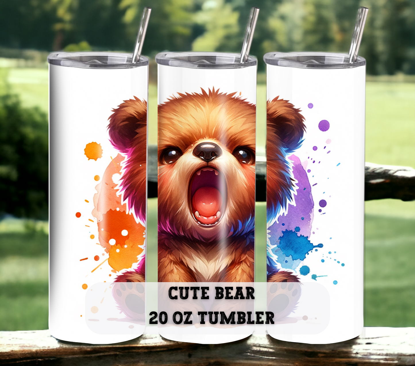 Cute Bear 20 oz Skinny Tumbler with Straw - Stainless Steel, Eco-Friendly, Reusable Metal Straw - Lid Drink Drinkware Water Bottles