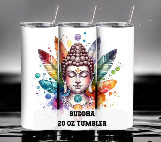 Buddha with Chakras and Feathers 20 oz Skinny Tumbler with Straw - Stainless Steel, Eco-Friendly, Reusable Metal Straw - Lid Drink Drinkware Water Bottles