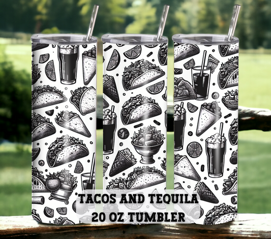 Tacos & Tequila 20 oz Skinny Tumbler with Straw - Stainless Steel, Eco-Friendly, Reusable Metal Straw - Lid Drink Drinkware Water Bottles