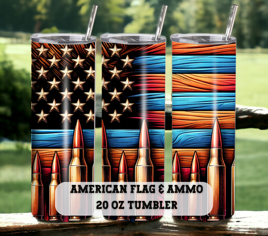 American Flag & Ammo 20 oz Skinny Tumbler with Straw - Stainless Steel, Eco-Friendly, Reusable Metal Straw - Lid Drink Drinkware Water Bottles