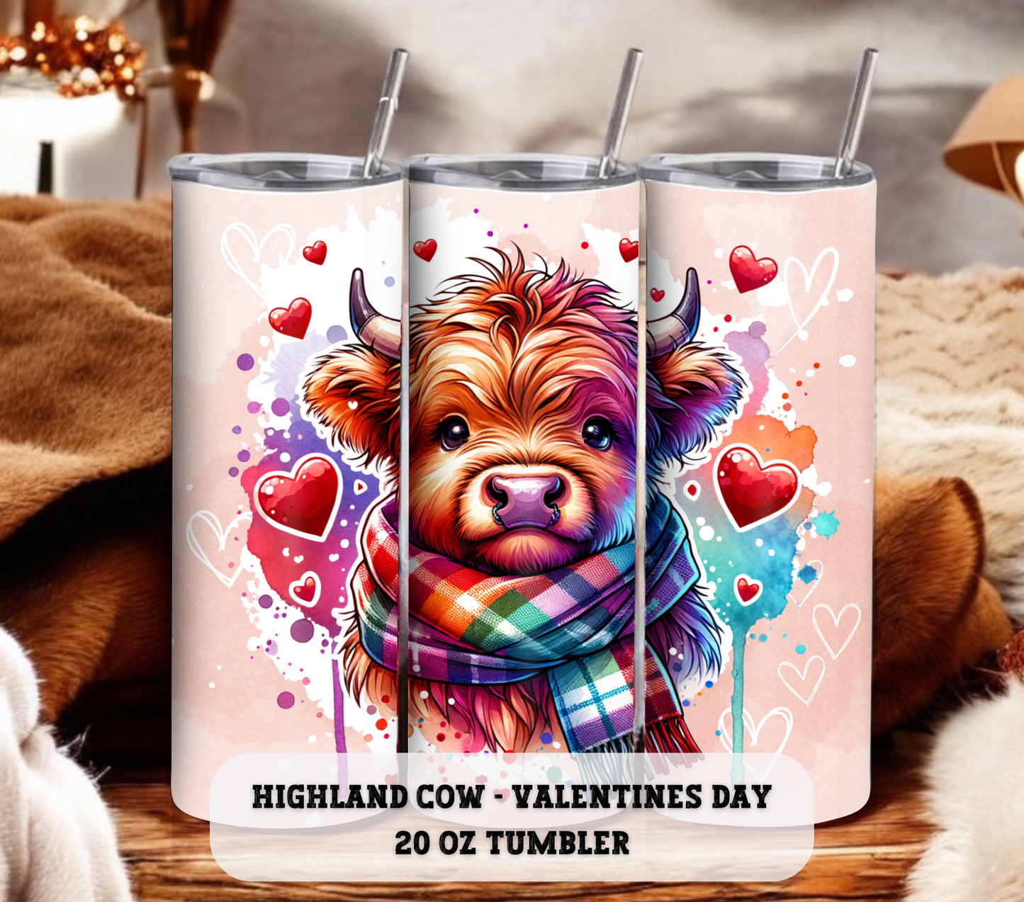 Cute Highland Cow - Valentines Day - 20 oz Skinny Tumbler with Straw - Stainless Steel, Eco-Friendly, Reusable Metal Straw - Lid Drink Drinkware Water Bottles