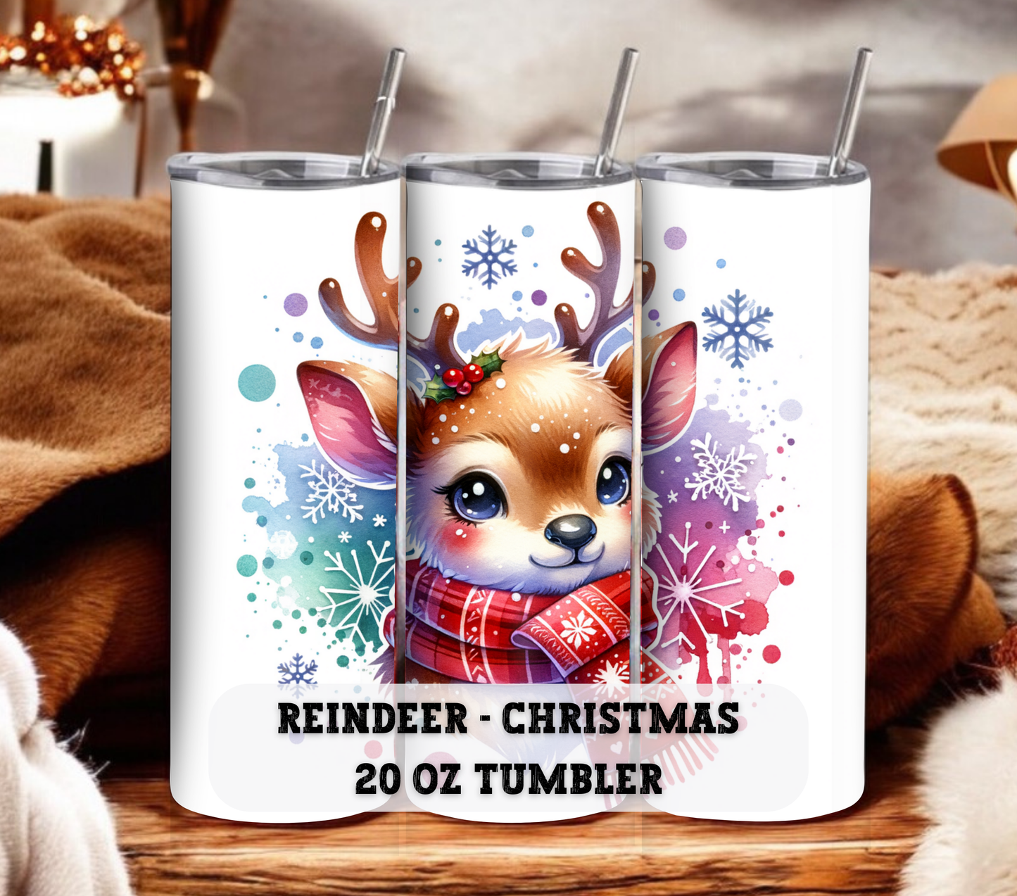 Reindeer - Christmas 20 oz Skinny Tumbler with Straw - Stainless Steel, Eco-Friendly, Reusable Metal Straw - Lid Drink Drinkware Water Bottles