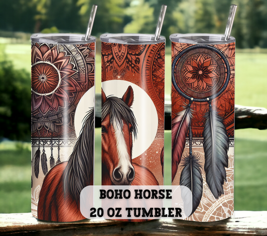 Boho Horse 20 oz Skinny Tumbler with Straw - Stainless Steel, Eco-Friendly, Reusable Metal Straw - Lid Drink Drinkware Water Bottles