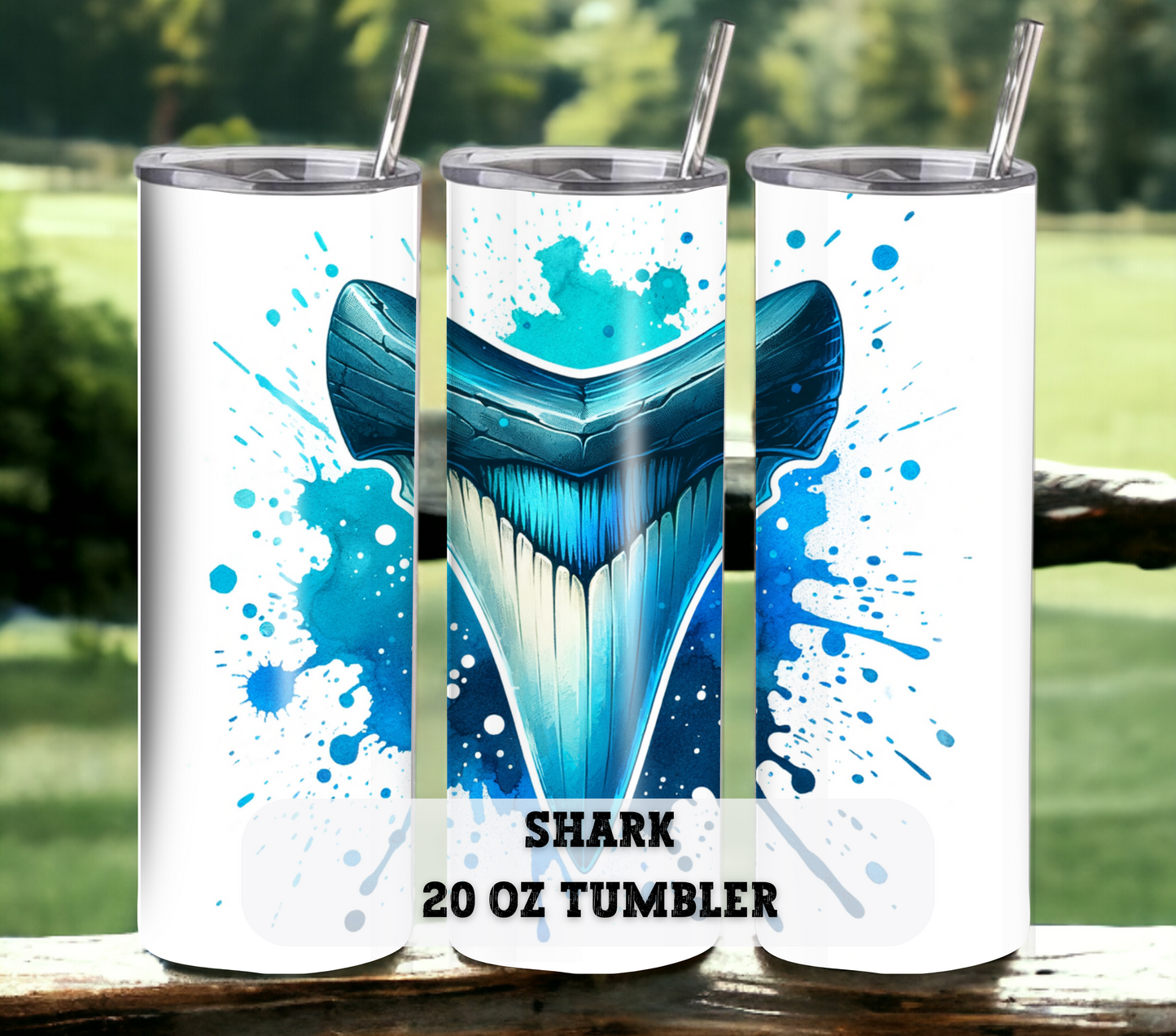 Shark Tooth 20 oz Skinny Tumbler with Straw - Stainless Steel, Eco-Friendly, Reusable Metal Straw - Lid Drink Drinkware Water Bottles