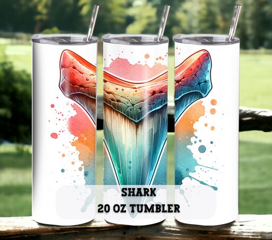 Shark Tooth 20 oz Skinny Tumbler with Straw - Stainless Steel, Eco-Friendly, Reusable Metal Straw - Lid Drink Drinkware Water Bottles