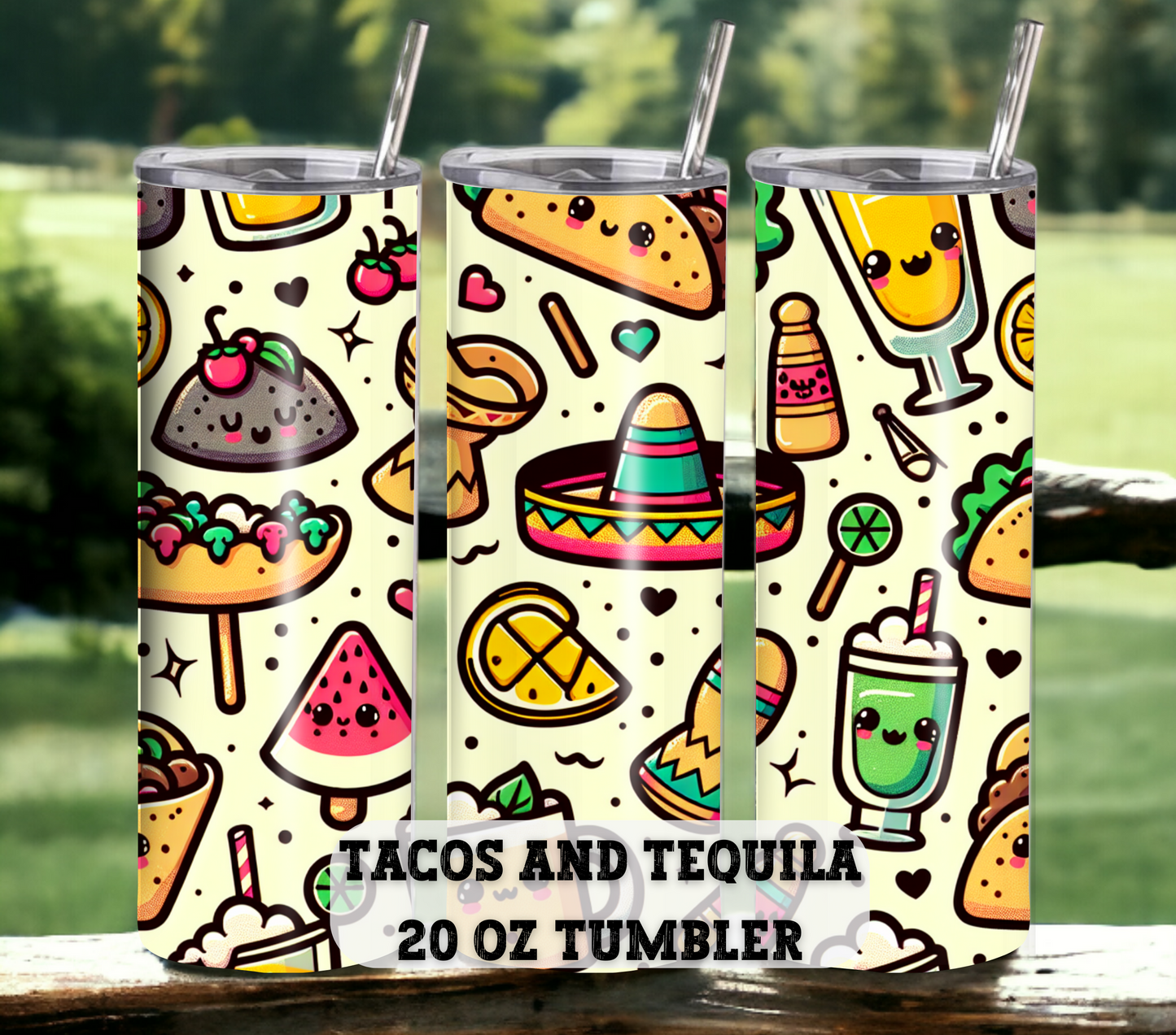 Tacos & Tequila 20 oz Skinny Tumbler with Straw - Stainless Steel, Eco-Friendly, Reusable Metal Straw - Lid Drink Drinkware Water Bottles