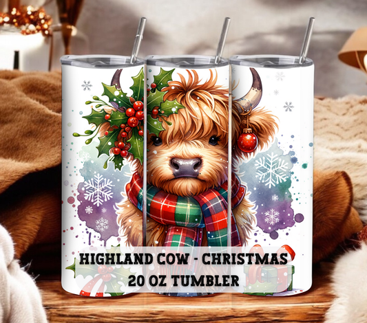 Highland Cow - Christmas 20 oz Skinny Tumbler with Straw - Stainless Steel, Eco-Friendly, Reusable Metal Straw - Lid Drink Drinkware Water Bottles