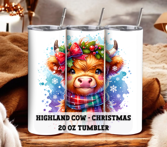 Highland Cow - Christmas 20 oz Skinny Tumbler with Straw - Stainless Steel, Eco-Friendly, Reusable Metal Straw - Lid Drink Drinkware Water Bottles