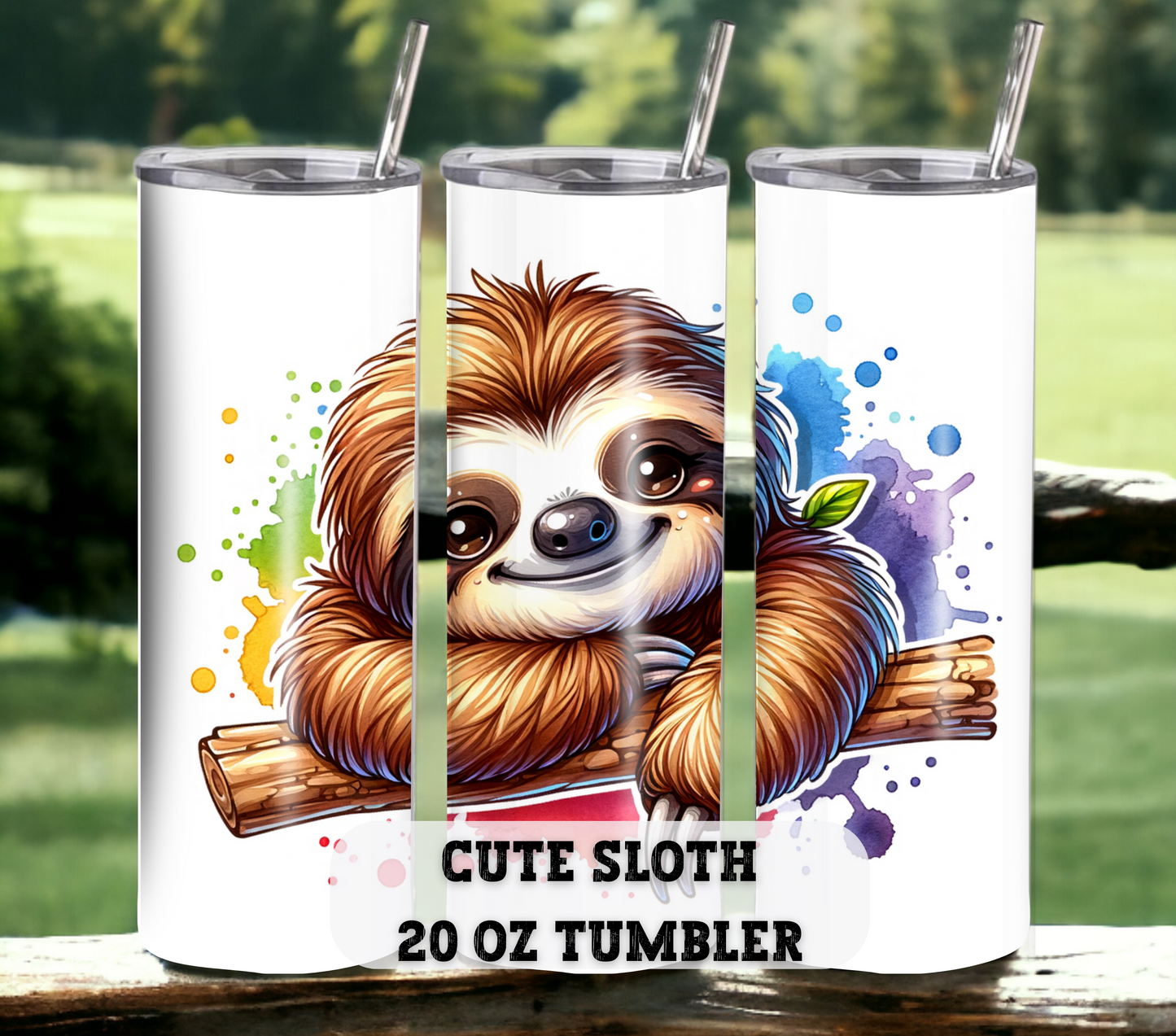 Sloth 20 oz Skinny Tumbler with Straw - Stainless Steel, Eco-Friendly, Reusable Metal Straw - Lid Drink Drinkware Water Bottles