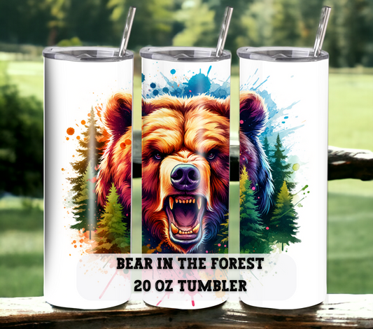 Bear in the Forest 20 oz Skinny Tumbler with Straw - Stainless Steel, Eco-Friendly, Reusable Metal Straw - Lid Drink Drinkware Water Bottles