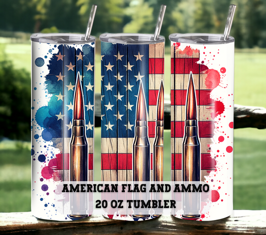 American Flag & Ammo 20 oz Skinny Tumbler with Straw - Stainless Steel, Eco-Friendly, Reusable Metal Straw - Lid Drink Drinkware Water Bottles