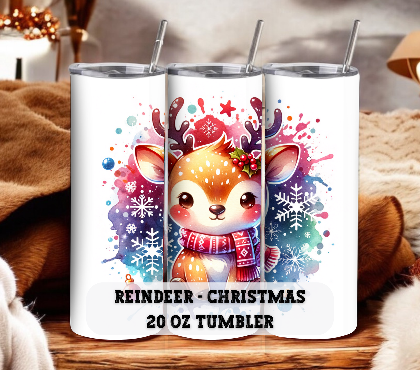 Reindeer - Christmas 20 oz Skinny Tumbler with Straw - Stainless Steel, Eco-Friendly, Reusable Metal Straw - Lid Drink Drinkware Water Bottles