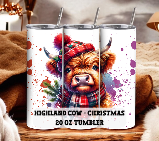 Highland Cow - Christmas 20 oz Skinny Tumbler with Straw - Stainless Steel, Eco-Friendly, Reusable Metal Straw - Lid Drink Drinkware Water Bottles