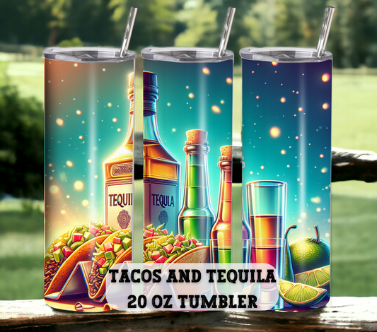 Tacos & Tequila 20 oz Skinny Tumbler with Straw - Stainless Steel, Eco-Friendly, Reusable Metal Straw - Lid Drink Drinkware Water Bottles