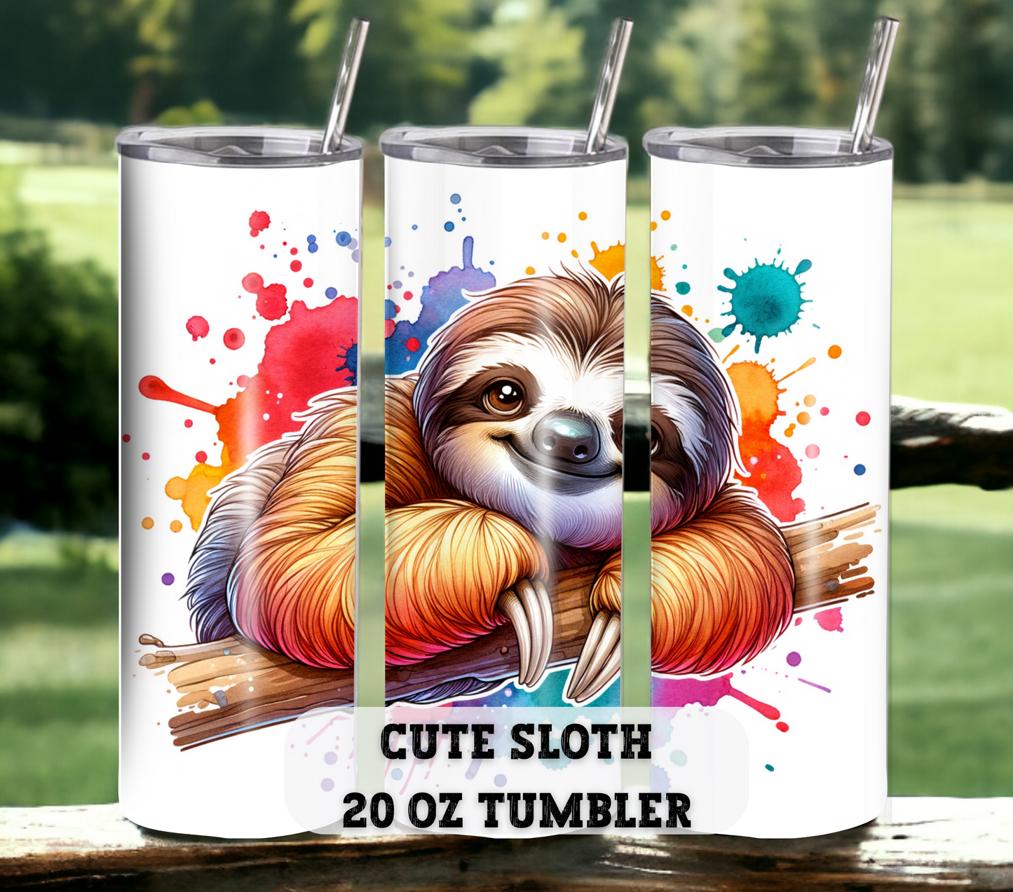 Sloth 20 oz Skinny Tumbler with Straw - Stainless Steel, Eco-Friendly, Reusable Metal Straw - Lid Drink Drinkware Water Bottles