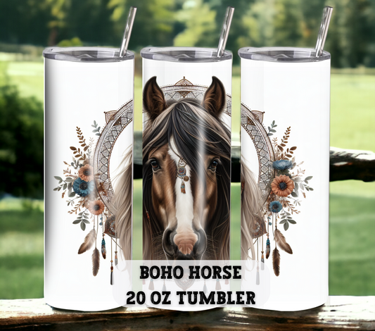 Boho Horse 20 oz Skinny Tumbler with Straw - Stainless Steel, Eco-Friendly, Reusable Metal Straw - Lid Drink Drinkware Water Bottles