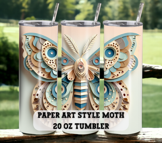 Paper Art Style Moth 20 oz Skinny Tumbler with Straw - Stainless Steel, Eco-Friendly, Reusable Metal Straw - Lid Drink Drinkware Water Bottles