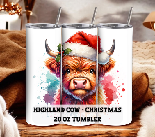 Highland Cow - Christmas 20 oz Skinny Tumbler with Straw - Stainless Steel, Eco-Friendly, Reusable Metal Straw - Lid Drink Drinkware Water Bottles