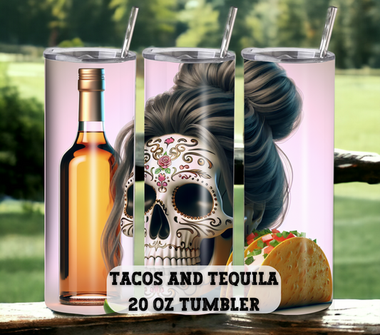 Tacos & Tequila 20 oz Skinny Tumbler with Straw - Stainless Steel, Eco-Friendly, Reusable Metal Straw - Lid Drink Drinkware Water Bottles