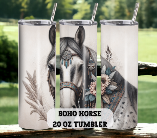 Boho Horse 20 oz Skinny Tumbler with Straw - Stainless Steel, Eco-Friendly, Reusable Metal Straw - Lid Drink Drinkware Water Bottles