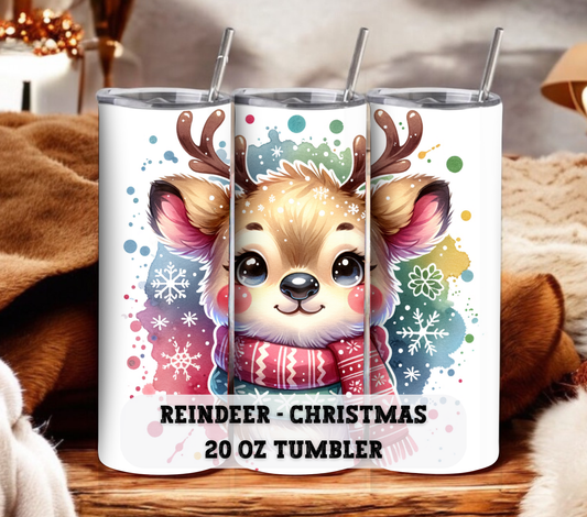 Reindeer - Christmas 20 oz Skinny Tumbler with Straw - Stainless Steel, Eco-Friendly, Reusable Metal Straw - Lid Drink Drinkware Water Bottles