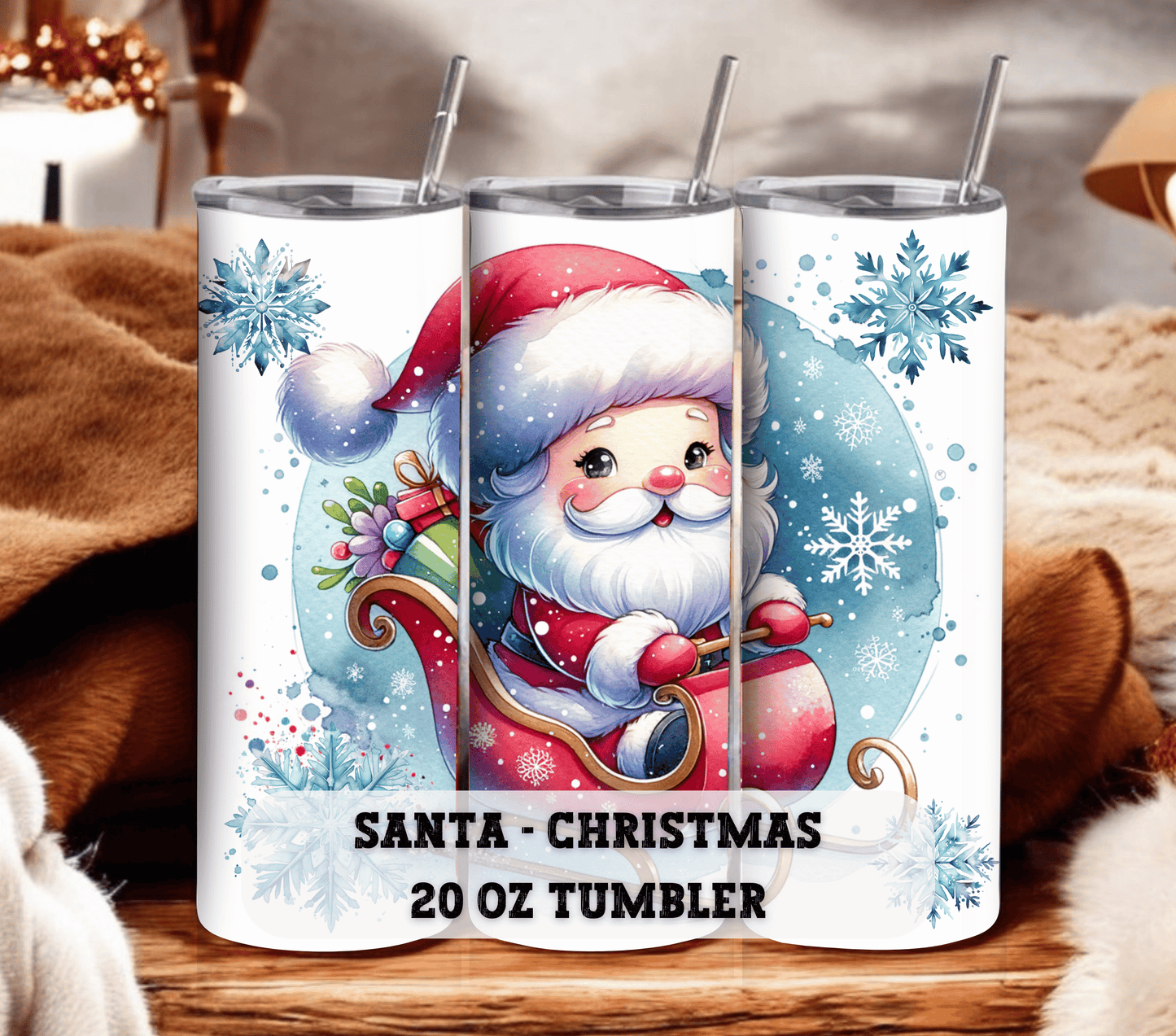 Santa with Sleigh - Christmas 20 oz Skinny Tumbler with Straw - Stainless Steel, Eco-Friendly, Reusable Metal Straw - Lid Drink Drinkware Water Bottles