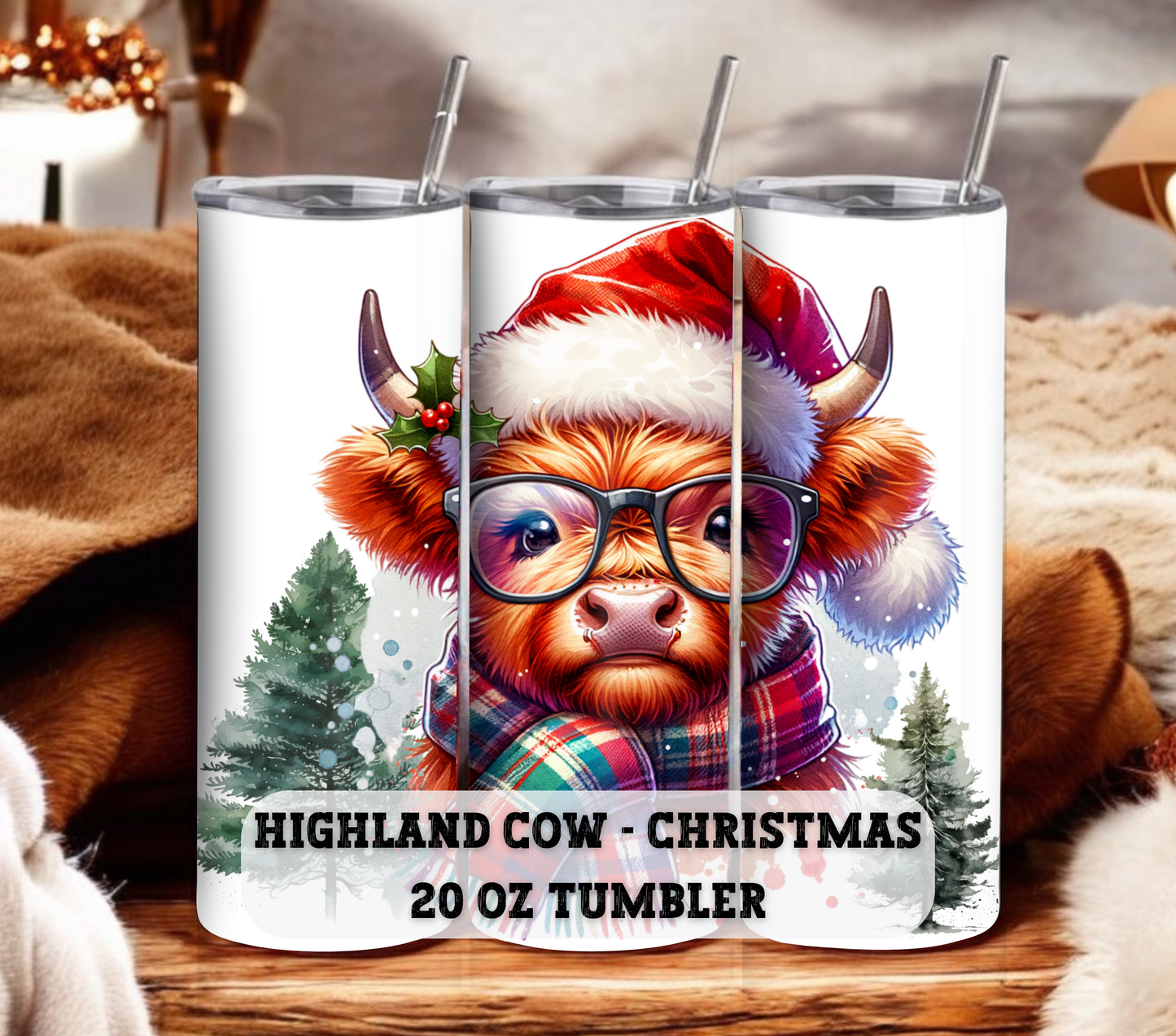 Highland Cow - Christmas 20 oz Skinny Tumbler with Straw - Stainless Steel, Eco-Friendly, Reusable Metal Straw - Lid Drink Drinkware Water Bottles