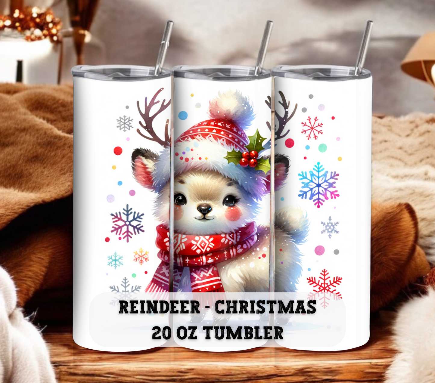 Reindeer - Christmas 20 oz Skinny Tumbler with Straw - Stainless Steel, Eco-Friendly, Reusable Metal Straw - Lid Drink Drinkware Water Bottles