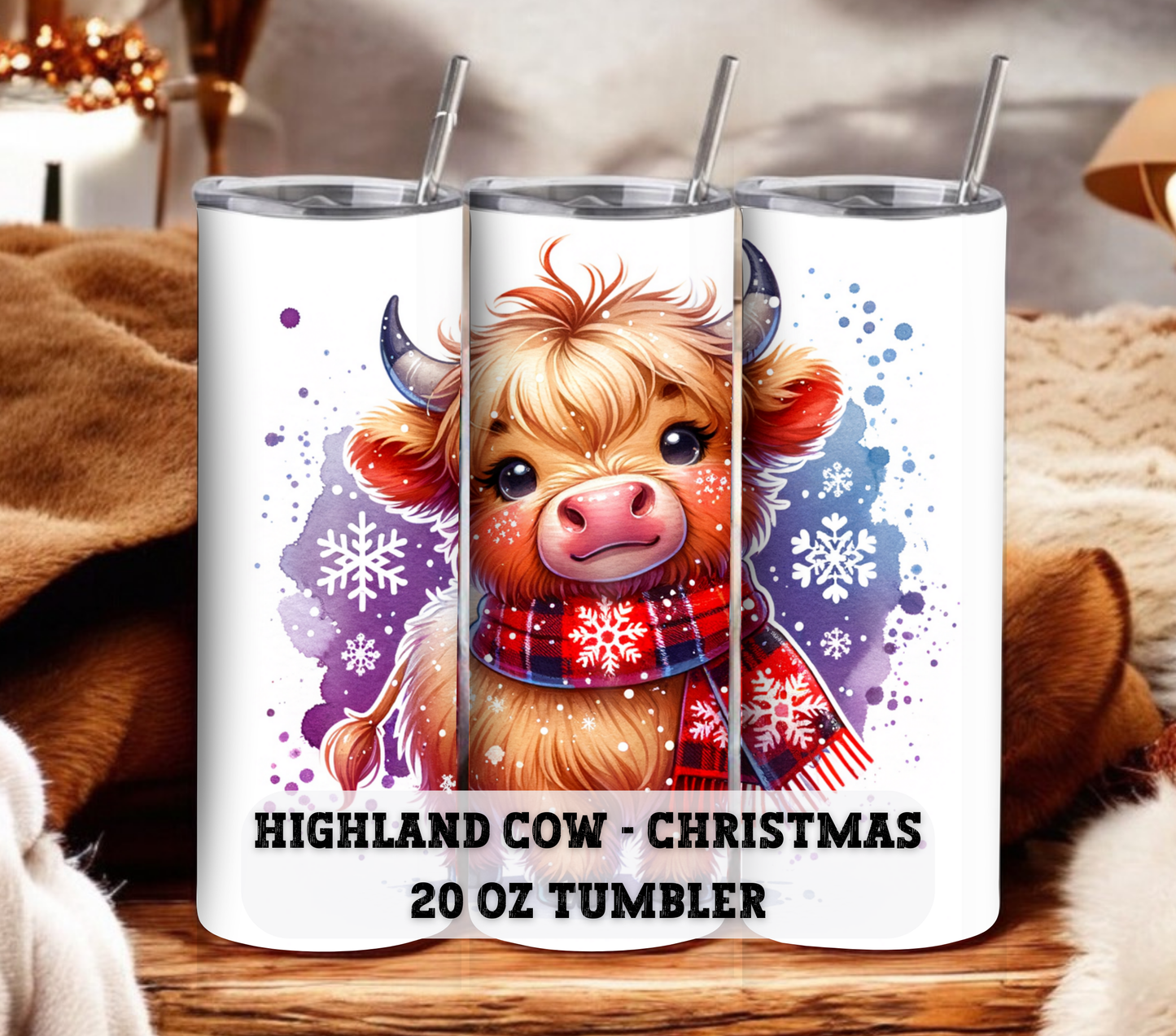 Highland Cow - Christmas 20 oz Skinny Tumbler with Straw - Stainless Steel, Eco-Friendly, Reusable Metal Straw - Lid Drink Drinkware Water Bottles