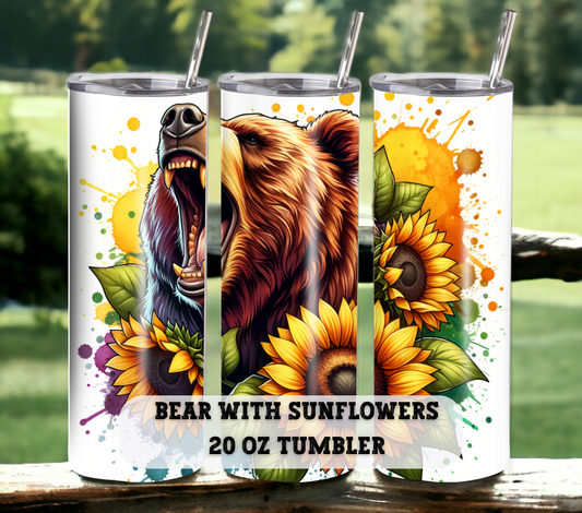 Bear with Sunflowers 20 oz Skinny Tumbler with Straw - Stainless Steel, Eco-Friendly, Reusable Metal Straw - Lid Drink Drinkware Water Bottles