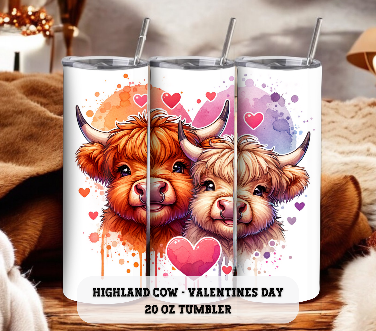 Cute Highland Cow - Valentines Day - 20 oz Skinny Tumbler with Straw - Stainless Steel, Eco-Friendly, Reusable Metal Straw - Lid Drink Drinkware Water Bottles