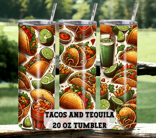 Tacos & Tequila 20 oz Skinny Tumbler with Straw - Stainless Steel, Eco-Friendly, Reusable Metal Straw - Lid Drink Drinkware Water Bottles